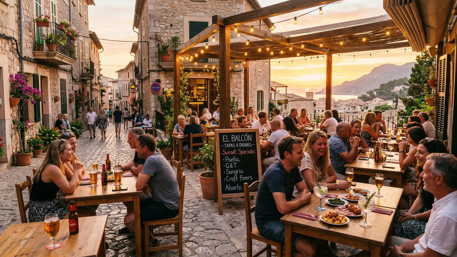 Bustling Mallorca restaurant terrace at sunset