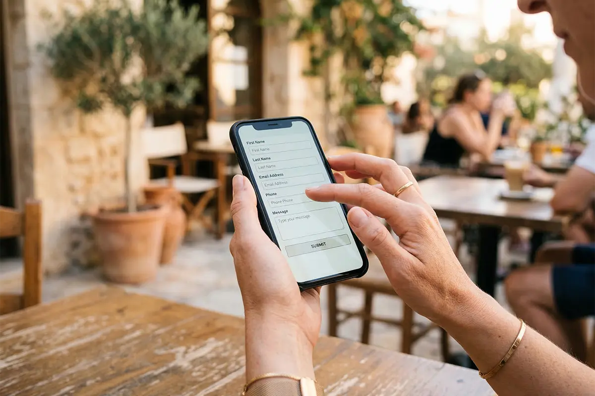 Bar owner filling out form on phone